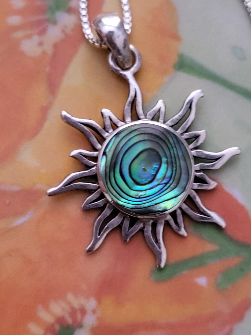 Sterling Silver Sunburst Abalone Pendant Necklace - Green Blue
